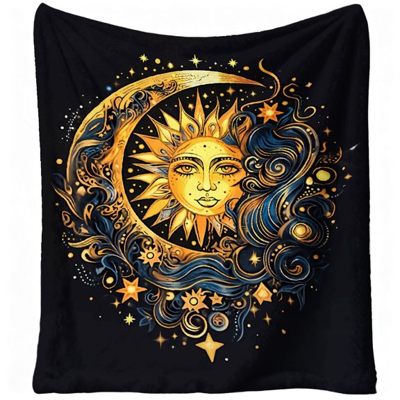 1pc Celestial Boho Sun & Moon Blanket - Soft Warm Flannel Bedspread for Home, Travel, Picnic, - Use with Boho Bohemian Starry Night Design, Machine
