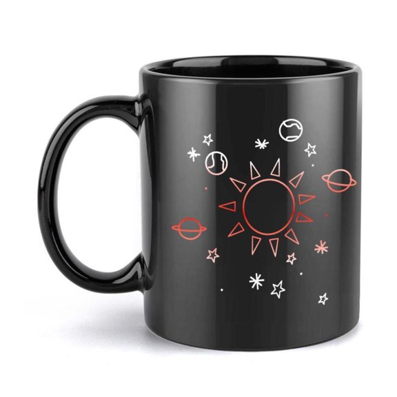 1pc Celestial Stars 11oz Ceramic Coffee Mug Black with Red White Stars Planets Design Hand Wash Only Reusable Cup Hot Cold Beverages Ideal Friends Family All Season Use Fish Black