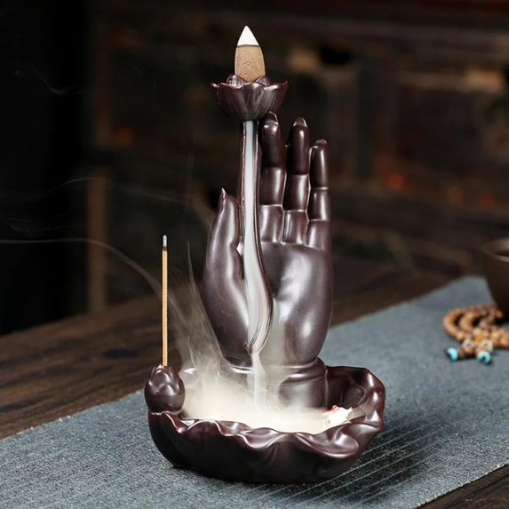 1pc Ceramic Buddha Hand Backflow Incense Burner, Lotus Fish Home Decor (Without Incense)