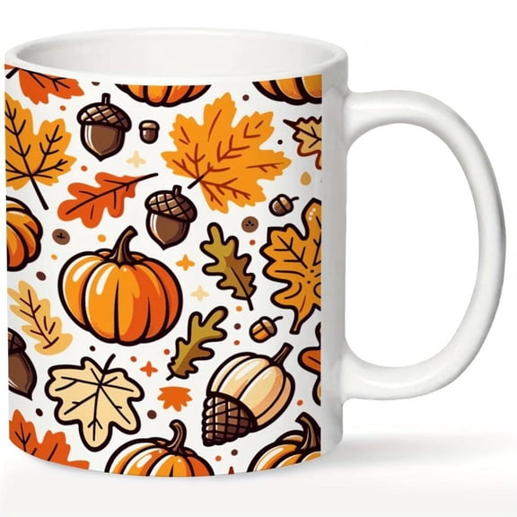 1pc Ceramic Coffee Mug 11oz Autumn Maple Leaf Pumpkin Latte Cup with Fall Foliage Chestnut Acorn Design White Thanksgiving Halloween Christmas Women M