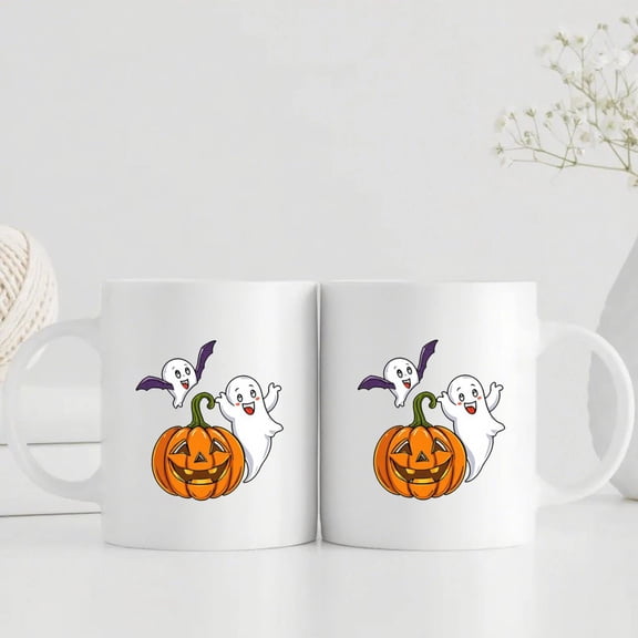 1pc Ceramic Coffee Mug with Cute Ghosts & Jack-o'-Lantern Design - 11oz White Dishwasher- Cup for Hot/Cold Drinks, Spooky Halloween & Christmas Gift, Reusable Tea Cup with Handle (Holds Coffee, Tea,