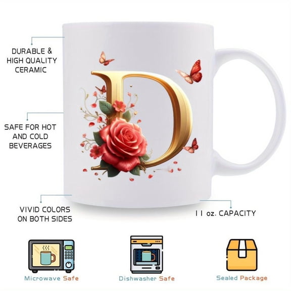 1pc Ceramic Coffee Mug with Alphabet Floral Design 11oz Microwaveable Portable Wide Mouth Ideal Various Festivals Occasions