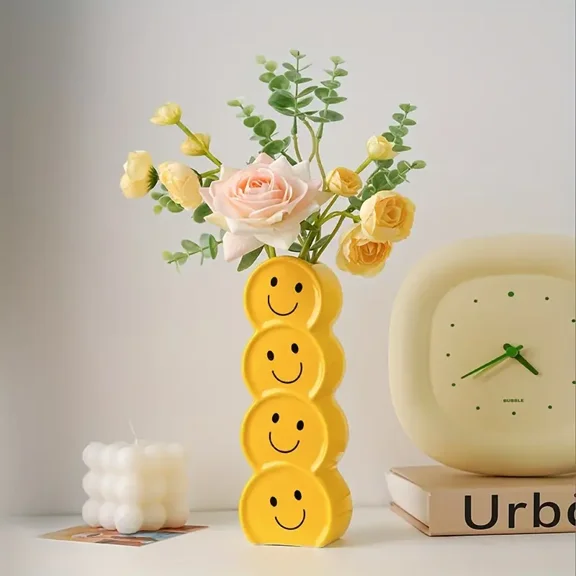 1pc Ceramic Happy Face Bud Vase, Art Deco Cartoon Patterned, Round Shape Boho Centerpiece, Global Theme for Wedding Table, Party, Living Room, Office, Bedroom Decor, Aesthetic Cute Flower Holder, Idea