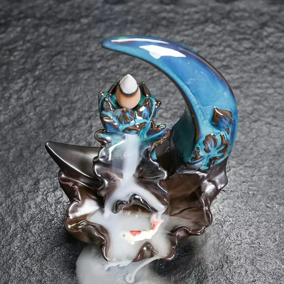 1pc Ceramic Moon & Lotus Backflow Incense Burner, Waterfall Home Decor (Without Incense)