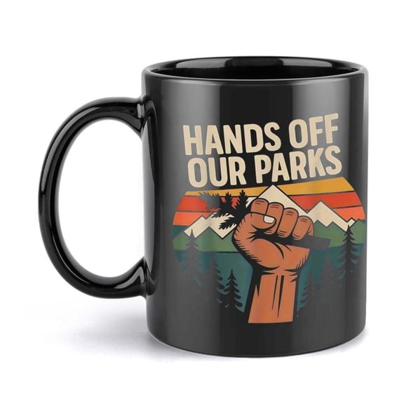 1pc Ceramic Mug 11oz 360ml Hands Off Our Parks Fist Design with Mountain Forest Scene Black Coffee Cup Outdoor Enthusiasts Hiking Nature Lovers Hiking Accessories