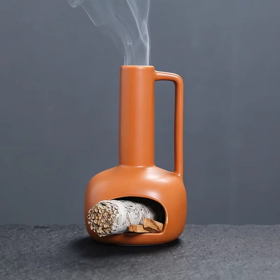 1pc Ceramic Multifunctional Home Decor Palo Santo Holder Sage Burner Incense Burner with Chimney & Handle (Without Incense)