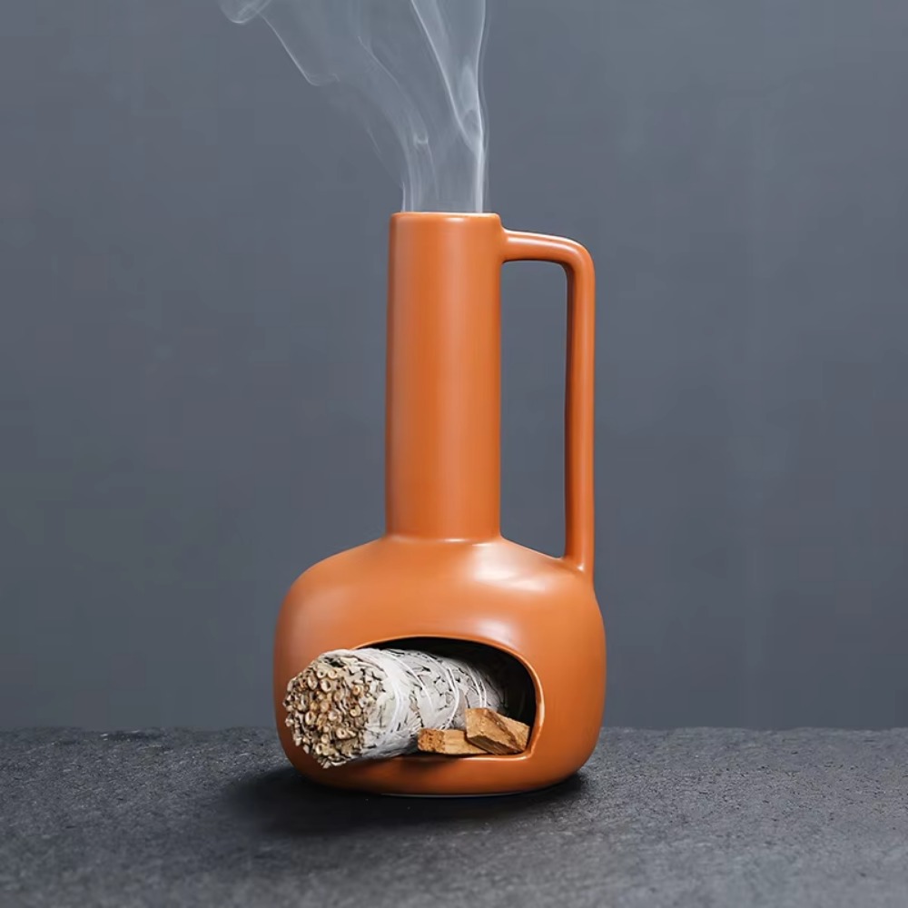 1pc Ceramic Multifunctional Home Decor Palo Santo Holder Sage Burner Incense Burner with Chimney & Handle (Without Incense)