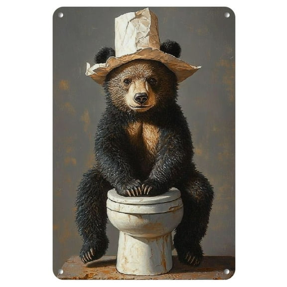 1pc Charming Black Bear Cub Metal Sign - 8x12 Inches, Iron Wall Art with Toilet Paper Hat Design | Perfect for Home Bar, Pub, Cafe & Living Room Decor | Easy-to-Install, Unique Gift Idea