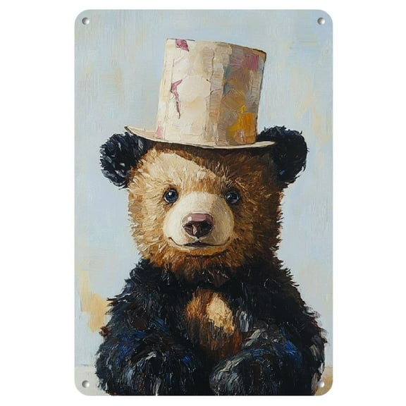 1pc Charming Black Bear with White Hat 8x12" Iron Sign - Rustic Antique Finish, Easy to Hang, Perfect for Home Decor in Kitchen, Dining Room, Bedroom, Garden, Bathroom, Garage, Office, or Bakery