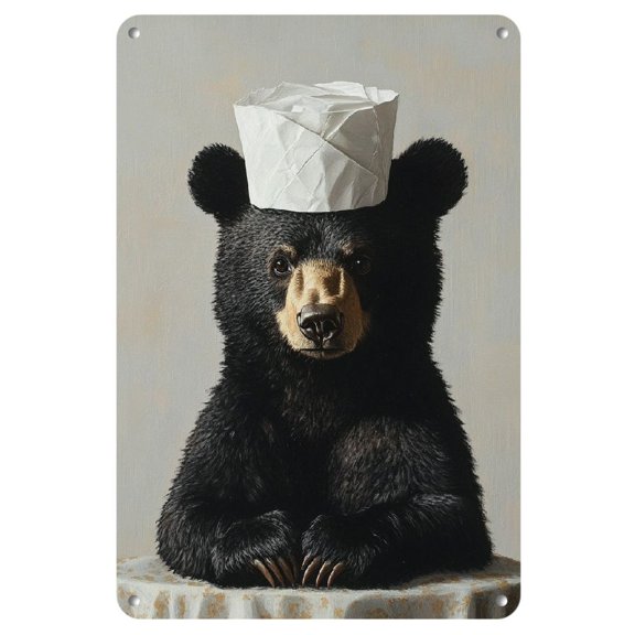 1pc Charming Black Bear with White Hat 8x12" Iron Sign - Rustic Antique Finish, Easy to Hang, Perfect for Home Decor in Kitchen, Dining Room, Bedroom, Garden, Bathroom, Garage, Office, Bakery