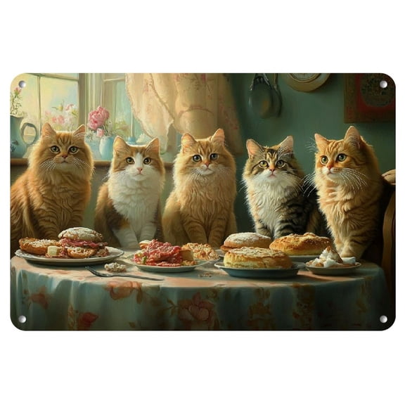 1pc, Charming Cat Afternoon Tea Time Metal Tin Sign - Perfect for Home, Office, or Cafe Decor, Indoor/ Outdoor Wall Art, 12x8 inches