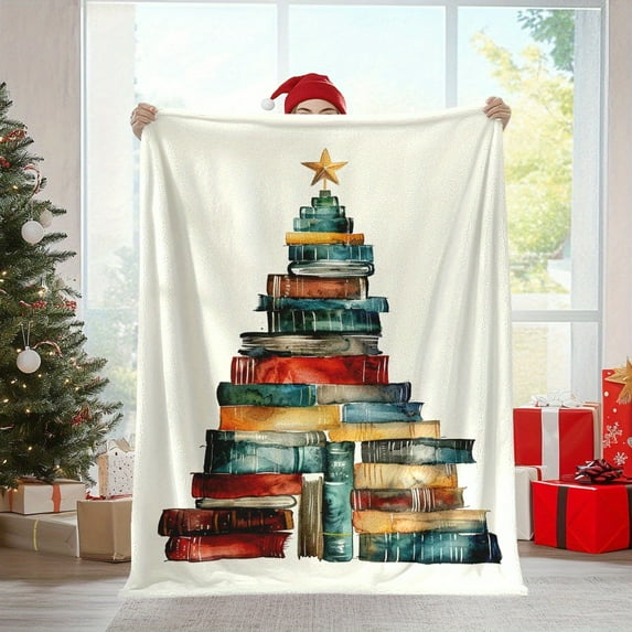 1pc Charming Christmas Book Tree Flannel Fleece Throw Blanket - All-Season, Fantasy Themed, Digital Print, Machine Washable, Polyester, Quilted, Multi-Purpose for Napping, Camping, Travel, Office & H