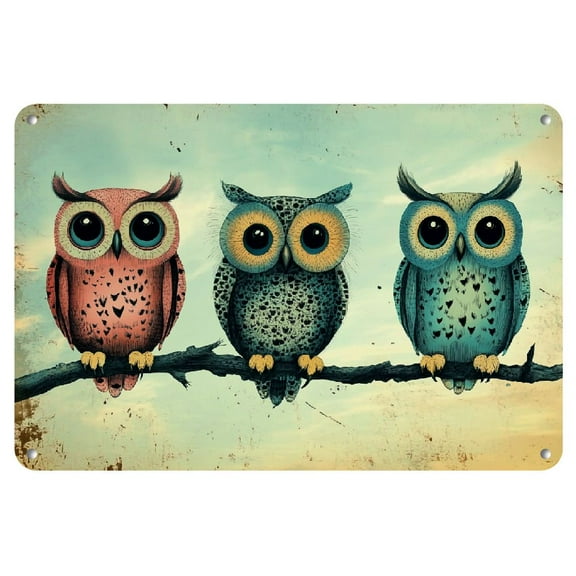 1pc Charming Owl Vintage Metal Tin Sign - 12x8" | Rustic Green, Yellow & Pink Owls Design | Distressed Look for Home, Bar, Cafe & Garage Decor | Indoor/Outdoor Wall Art, Owl Home Decor