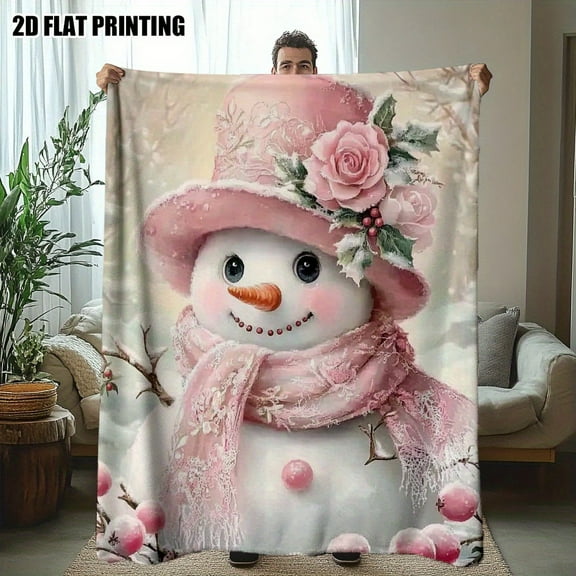 1pc A Charming Pink Snowman for Christmas Print Flannel Throw Blanket - Cozy for Sofa, Bed, Chair, and Office - Perfect for Home Comfort and Holiday Gifts