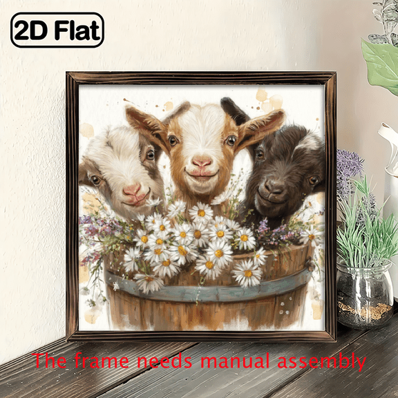 1pc Charming Spring Goat Wall Art Rustic Wooden Framed Sign with Adorable Goats Daisy Flowers, Farmhouse Decor for Home, Garden, or Holiday Gift, 8x8 Inch