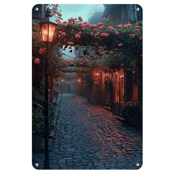 1pc Charming Urban Scene Metal Tin Sign - Iron Wall Decor with Vibrant Flower Display, Cobblestone Street, Evening Glow - Ideal for Halloween, Hanukkah, Beach Party, Bachelor Party, Anniversary