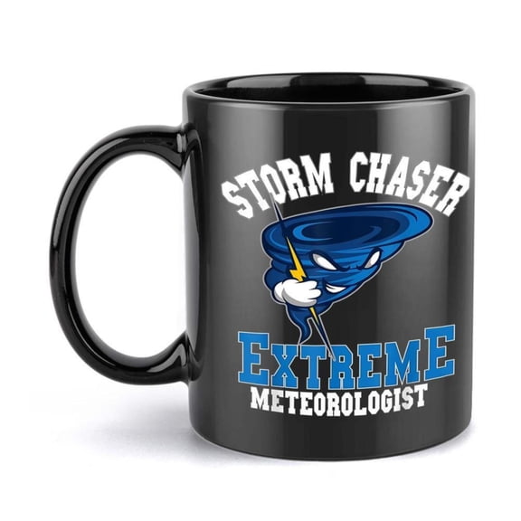 1pc Chaser Extreme Meteorologist Humorous Ceramic Mug 11oz Tornado Lightning Cartoon Design Black Coffee Cup with White Blue Graphics Funny Weather Enthusiasts Birthday Holiday Off