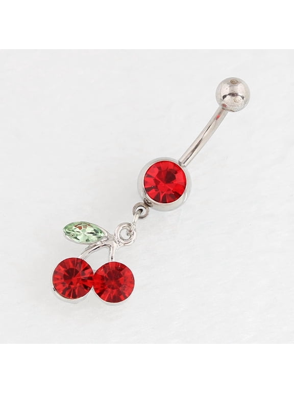 1pc Cherry Alloy Ruby Rhinestone Dangle Belly Button Rings 316L Surgical Stainless Steel Curved Barbell Body Jewelry for Women 16x10x5~8mm