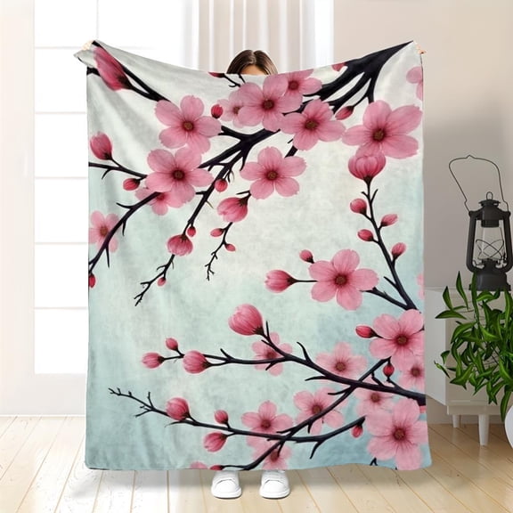 1pc Cherry Blossom Bedspread | Soft Flannel-like Inspired Pink & White Design, All-Season Lightweight Polyester Comforter for Couch, Travel & Home Decor, Portable Spring Gift, 2D Flat
