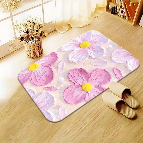 1pc Cherry Blossom Non-Slip Door Mat - Pink Floral HD Printed Mat, Microfiber Absorbent, Machine Washable Polyester for Bathroom, Bedroom, Living Room Entrance, Camping Picnic, Yoga Mat