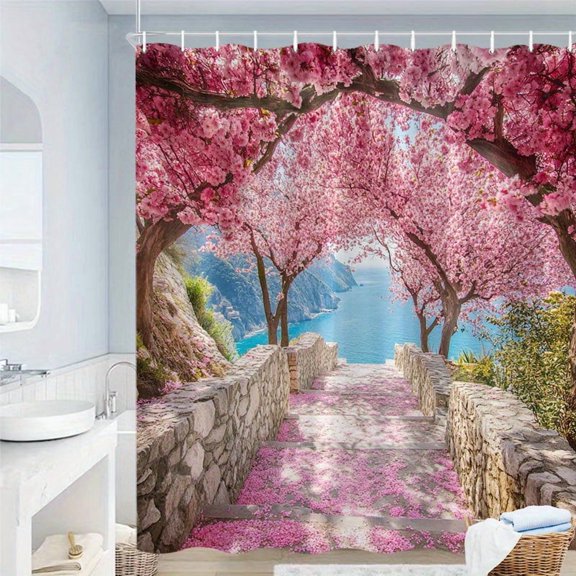 1pc Cherry Blossom Staircase Shower Curtain Ocean View Pink Petals Stone Steps Turquoise Sea Blooming Trees Greenery Polyester Bathroom Decor