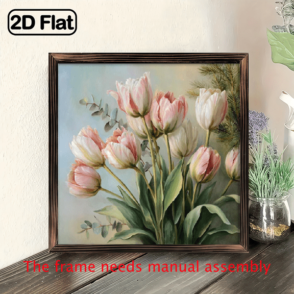 1pc Chic Pink Tulip Bouquet Wooden Wall Art 8x8 Inch Framed Decorative Sign with Rustic Golden Frame, Vibrant Floral Home Office Decor, Perfect Gift for Spring Holidays, Living Room, Bedroom, or Par