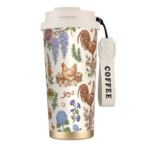 1pc Chicken Tumbler, 18oz Leak-proof Travel Mug with Handle, Floral Chicken Gifts for Women