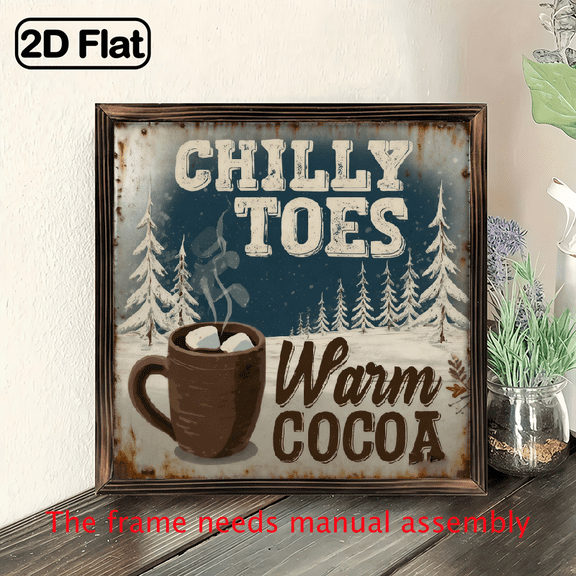1pc, Chilly Toes, Warm Cocoa Wooden Sign, 8x8 Inch Rustic Farmhouse Wall Art, Classic Style, No Power Needed, Wall Hanging Decor for Bedroom, Living Room, Kitchen, Bathroom, Multi-Purpose Home Decor