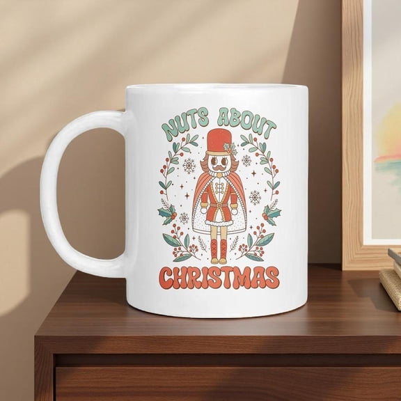 1pc Chinese New Year Christmas Nut Themed Ceramic Mug with Walnut Fan Pattern Nutcracker Soldier Design Nuts About Christmas Phrase Red Green Holiday