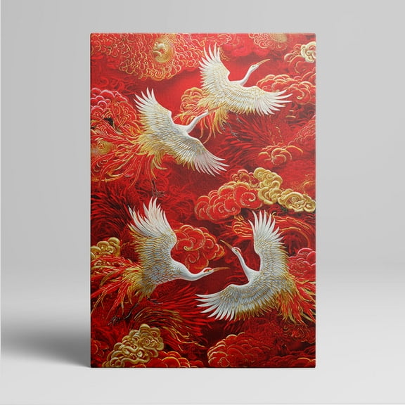 1pc Chinese - Style Red Canvas Wall Art with Flying Cranes and Clouds, framed Decor room hanging Wall Picture Decor for Home Gifts, living room, bathroom, bedroom, kitchen wall art decor canvas wall
