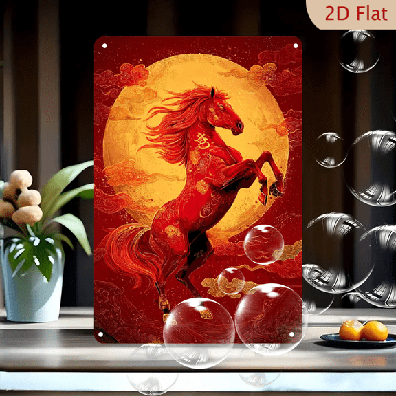 1pc Chinese Zodiac Horse Metal Wall Art - 8x12 Inch Vibrant Red Golden Traditional Asian Decor, Durable Lunar New Year Sign for Home, Office, Bedroom, Corridor - Year of the Horse Decoration,