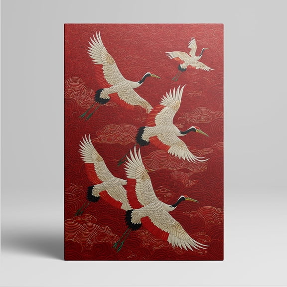 1pc Chinese - style Red Canvas Wall Art with Flying Cranes and Cloud Patterns, Framed Decor room hanging Wall Picture Decor for Home Gifts, living room, bathroom, bedroom, kitchen wall art decor