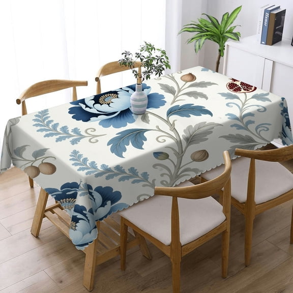 1pc Chinoiserie Flowers Trees Blue Print Tablecloths for dining table, Holiday-Themed Design Festive Table Setting, Chinoiserie Flowers Trees Blue