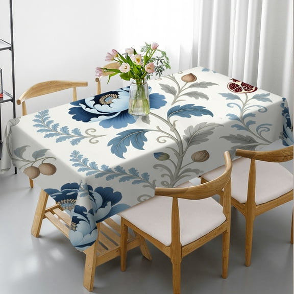 1pc Chinoiserie Flowers Trees Blue Print Tablecloths rectangle , Machine-Made Holiday-Themed Design, Chinoiserie Flowers Trees Blue