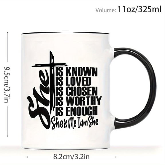 1pc Christian Inspirational Coffee Mug with She Is Known Loved Chosen Worthy Enough Bible Verse 11oz Faith Based Cup Dishwasher Reusable Women Men Chu
