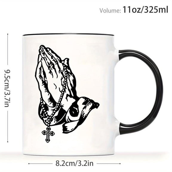 1pc Christian Prayer Mug with Praying Hands Rosary Beads 11oz Black White Religious Coffee Cup Dishwasher Faith Inspired Design Daily Use Church Bapti