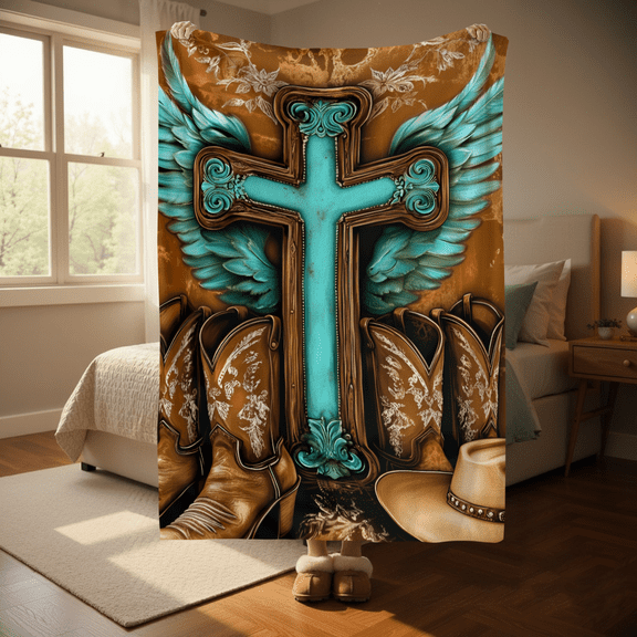 1pc Christian Religious Flannel Blanket - Cowboy boots, hat, cross design - Soft Blanket Gifts for Women Men Lightweight Flannel Blanket