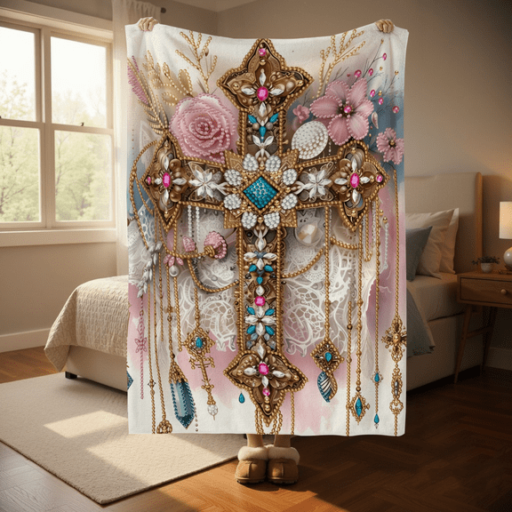 1pc Christian Religious Flannel Blanket - Gorgeous pink cross design - Soft Blanket Gifts for Women Men