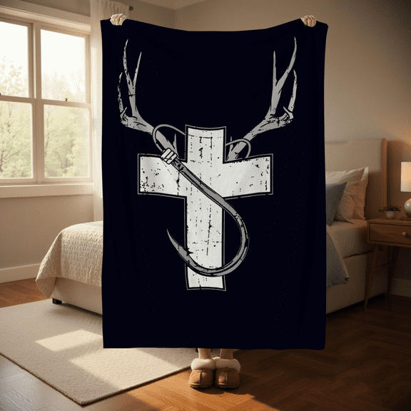 1pc Christian Religious Flannel Blanket - White cross & deer antlers design - Soft Lightweight Blanket Gifts for Women Men