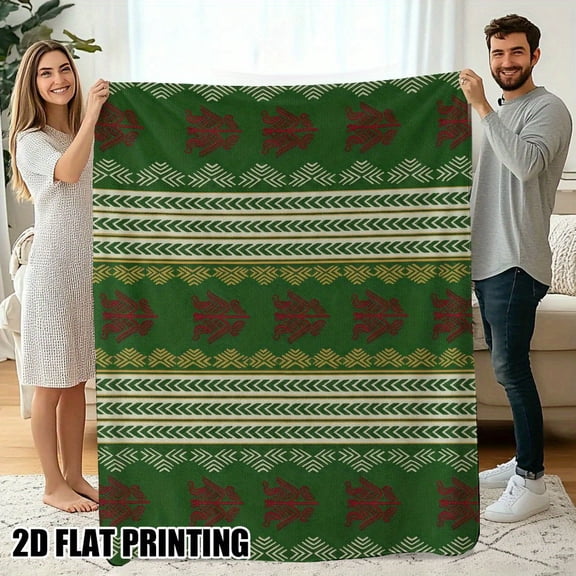 1pc Christmas Angel Stripe Printed Flannel Blanket - Soft and Cozy All-Season Blanket, Green and Red Geometric Pattern
