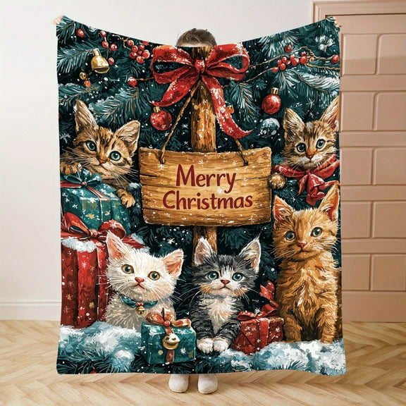 1pc Christmas Cats Flannel Blanket, 200-250g Polyester, Mid-Century Style, Digital Print, Soft Knit Throw for Bed, Sofa, Office, Camping, All-Season, Mixed Colors, Festive Holiday Decor
