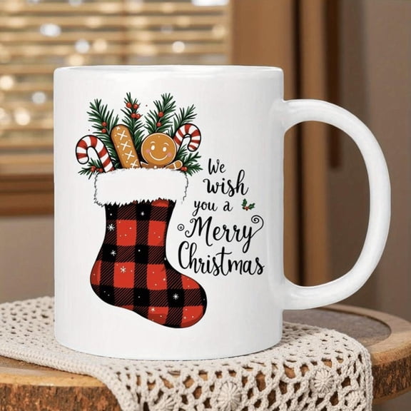 1pc Christmas Cookie Scottish Tartan Mug with Gingerbread Candy Cane Plaid Design Heat Resistant Ceramic Coffee Cup Dishwasher Reusable Tea Cup Hot Dr