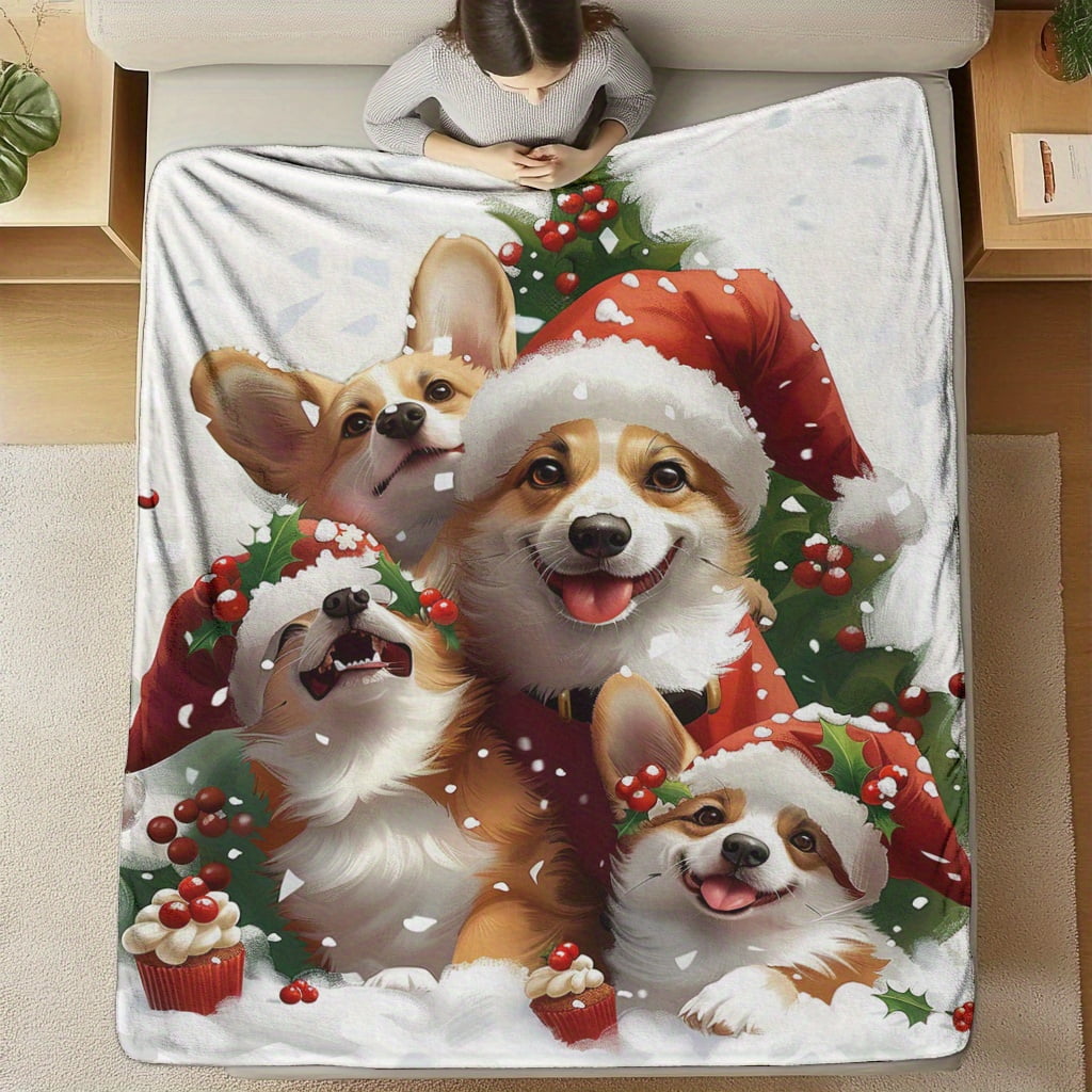 1pc Christmas Corgi Dog Pattern Flannel Throw Blanket, Soft Quilted Polyester Knit, Digital Print Cozy Blanket for Couch, Bed, Office, Travel, and Camping - Versatile All-Season Comfort
