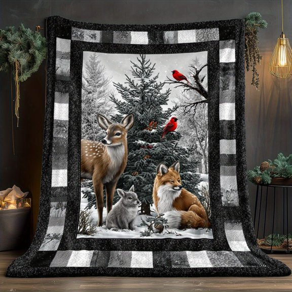 1pc Christmas Deer Fox Trees HD Print Blanket - Soft Warm Lightweight Flannel Throw with Winter Forest Scene, Deer & Red Cardinals - All-Season Cozy Blanket for Bed, Couch, Office, Kitchen - Contempo