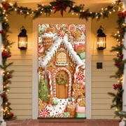 1pc Christmas Door Cover, Merry Christmas Door Cover Hanging Banner Backdrop Xmas Winter Holiday Decor for Front Door, Gingerbread House (35x71 Inches)