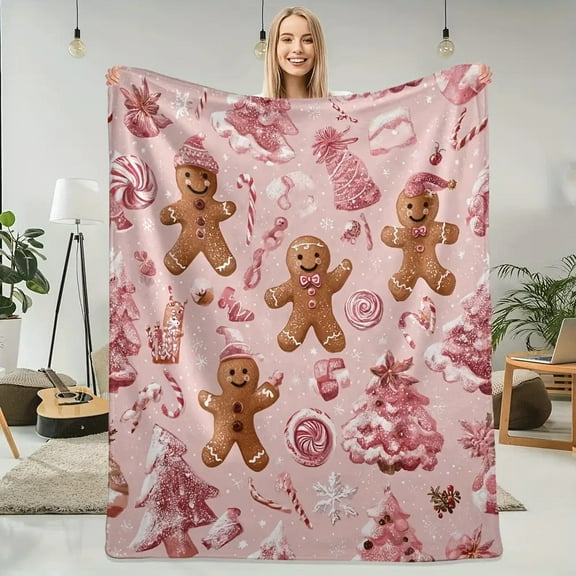 1pc Christmas Flannel Blanket - Soft Pink Gingerbread men, Candy Canes & Snowflakes - Cozy Winter Throw for Couch, Bed, Holiday Decor - All-Season Use - Perfect Christmas Gift