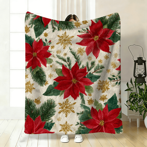 1pc Christmas Flannel Blanket Thick Warm Throw with Red Poinsettias, Green Pine Golden Snowflakes , All-Season Bedding for Holiday Decor, Travel, Camping.