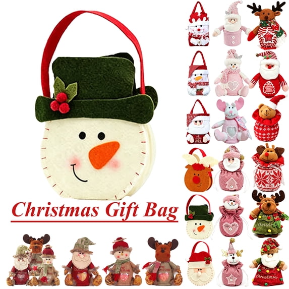 1pc Christmas Gift Bag with Handle, Candy Bag Tabletop Ornament for Christmas Decoration, 22 Styles to Choose From(Snowman Print, 10.24 x 5.9 Inch)