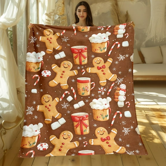 1pc Christmas Gingerbread Throw Blanket Lightweight Flannel-like Soft Warm All-Season Blanket with Gingerbread Men, Candy Canes, Gifts Brown/Red/White Holiday Decor for Couch, Bed, Travel, Camping