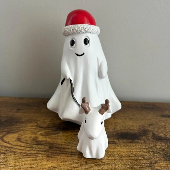 1pc Christmas Halloween Ghost Figurine, Walking Ghost Dog With Reindeer Antlers, Resin Statue For Holiday Tabletop Decor, 7.5 Inch